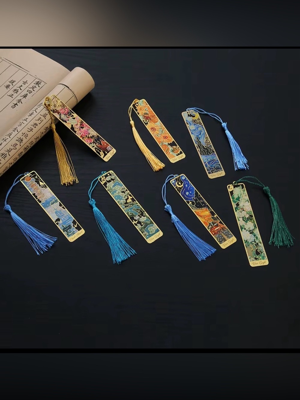 Decorative Floral & Patterned Metal Tassel Bookmark - Blue/Gold/Green